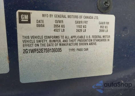 2005 Chevrolet Impala from USA, damaged, VIN 2G1WF52E759139305